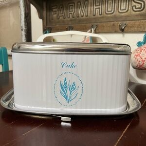 Vintage mid century White and Blue Cake Tin